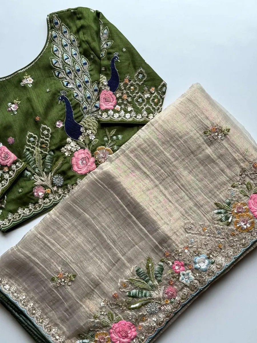 Premium Banarasi Crush Tissue Saree with Peacock Coding & Multicolour Sequin Work Saree